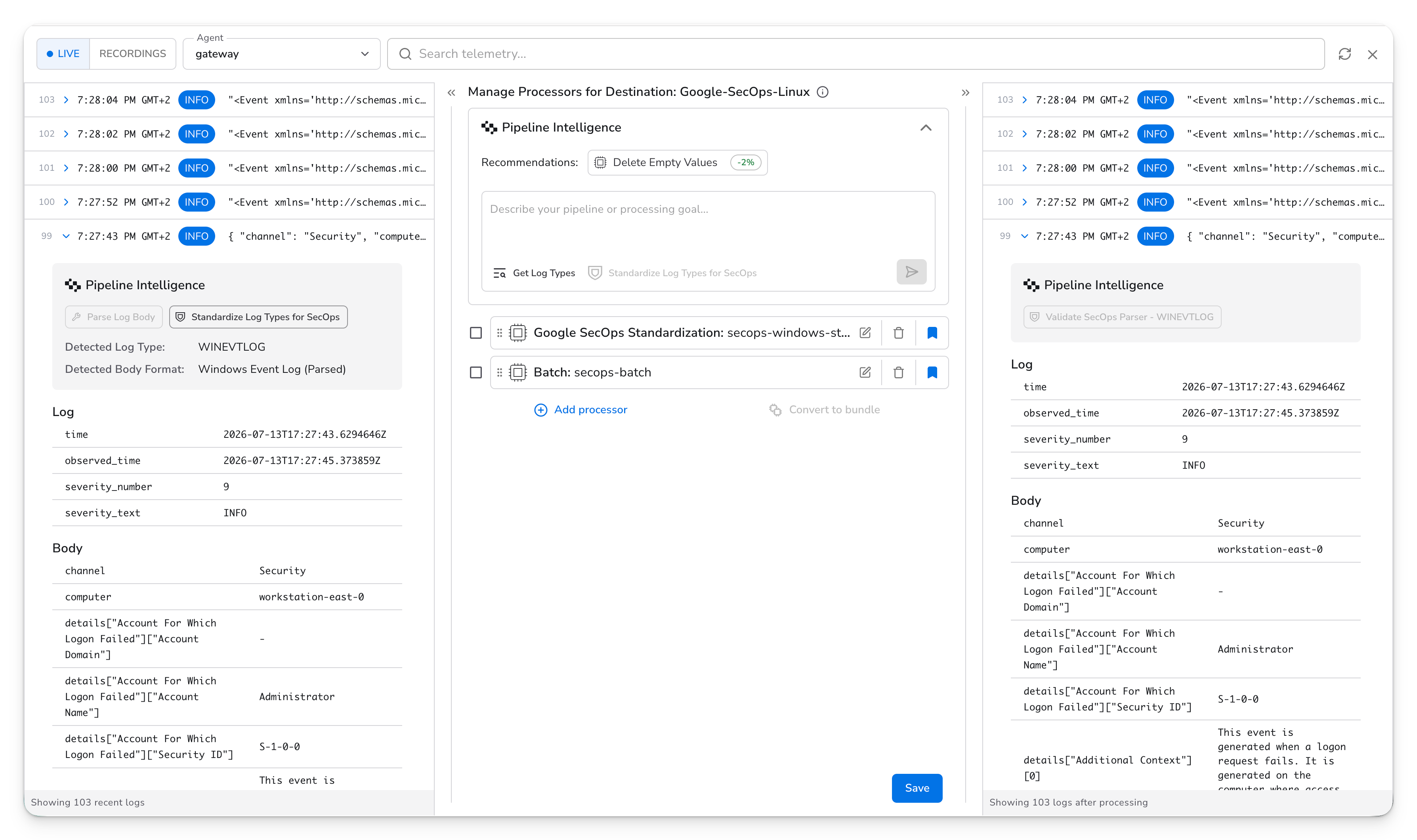 Bindplane docs - Advanced Pipeline Editor - processors embedded in a routing node