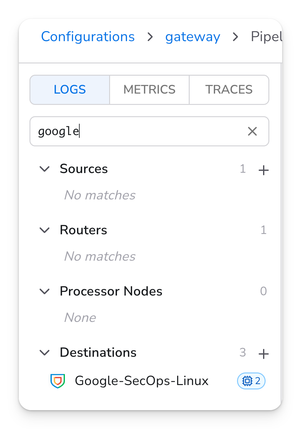 Bindplane docs - Advanced Pipeline Editor - searchable component sidebar
