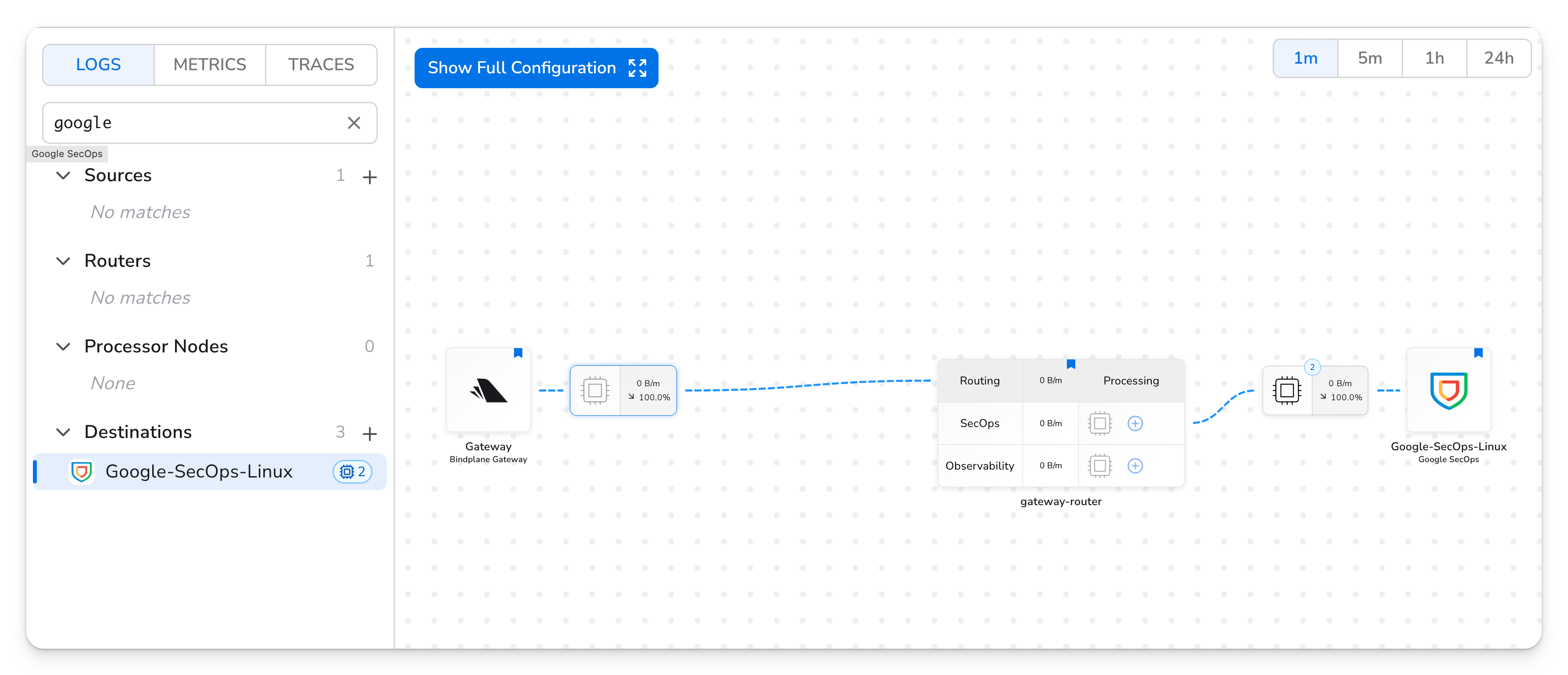 Bindplane docs - Advanced Pipeline Editor - view filtered to a single component and its routes
